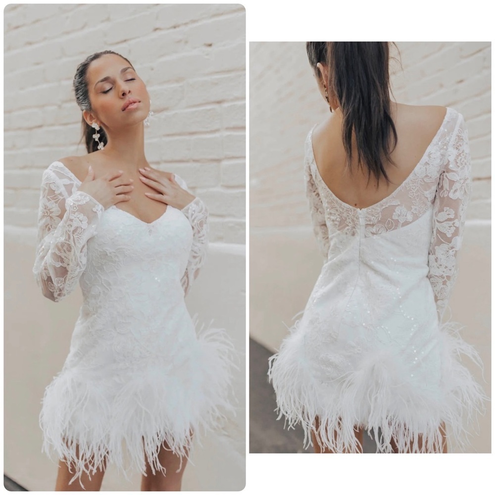 New UNTAMED PETALS BY AMANDA JUDGE Rayna White Lace Sequin Feather Mini Dress💍XS